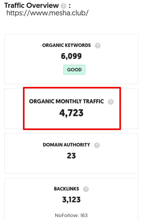 mesha.club traffic overview showing 6,099 organic keywords and 4,723 organic monthly traffic