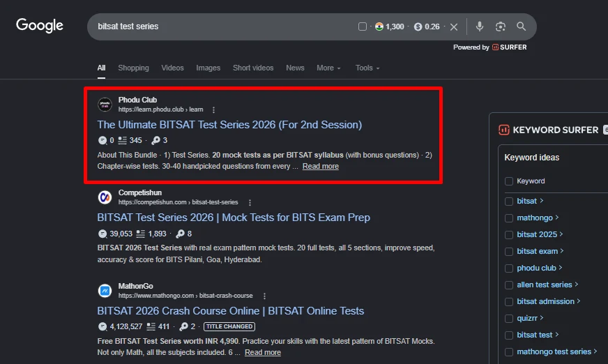Google SERP screenshot showing Phodu Club ranking for BITSAT test series