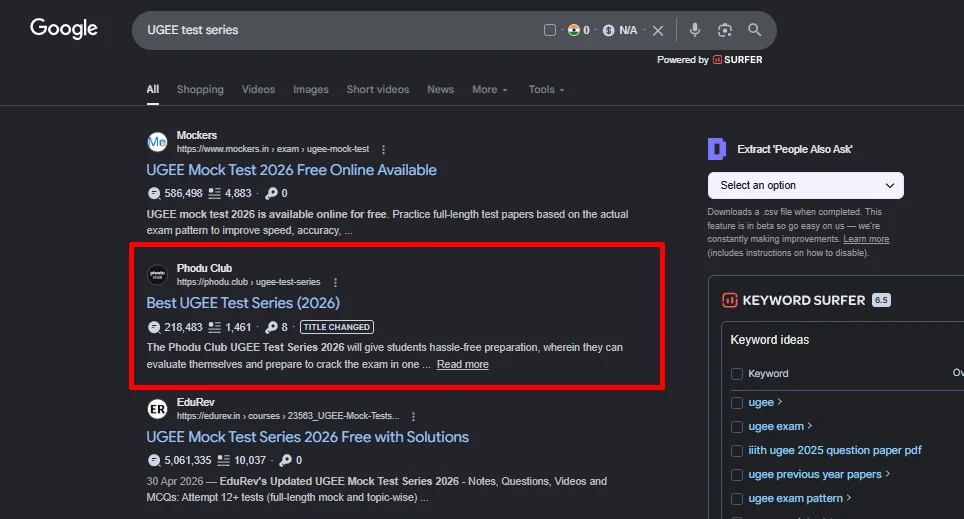 Google SERP screenshot showing Phodu Club ranking for UGEE test series